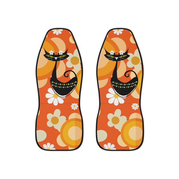 Hippie, 60's 70's, Mod Cat, Flower Power, Groovy, Orange Mod Daisy, Hipster Mid Mod, Car Seat Covers