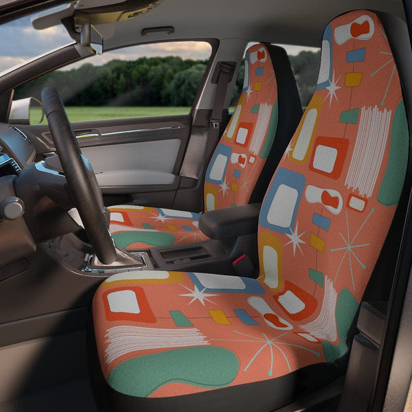 Mid Century Modern, Retro Car Seat Covers, Geometric, Tangerine Orange, Blue, Red, Green Groovy, Funky Mid Mod Car Accessories