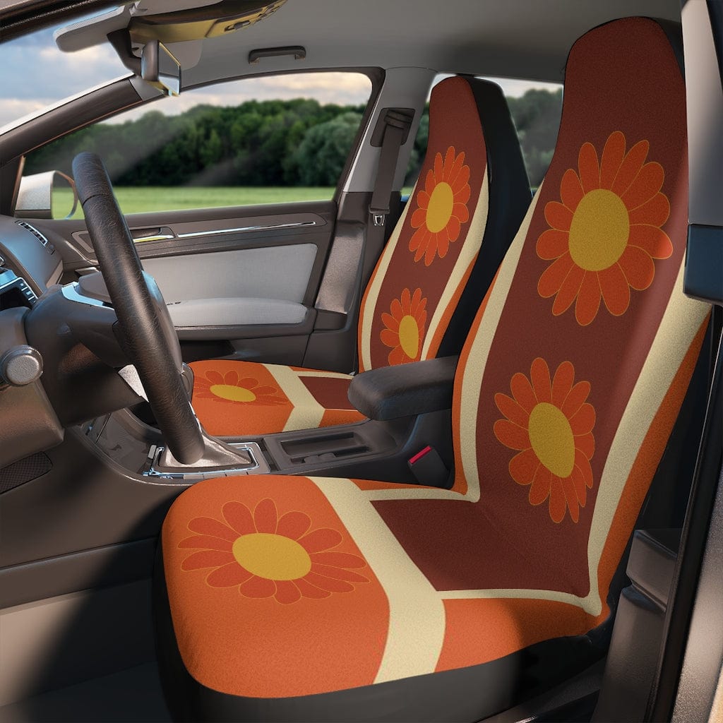 Retro 60's 70's, Mod Boho Flower, Brown, Orange, Yellow, MCM Groovy Sunburst, Mid Century Modern Car Seat Covers All Over Prints 48.03" × 18.50" / Black