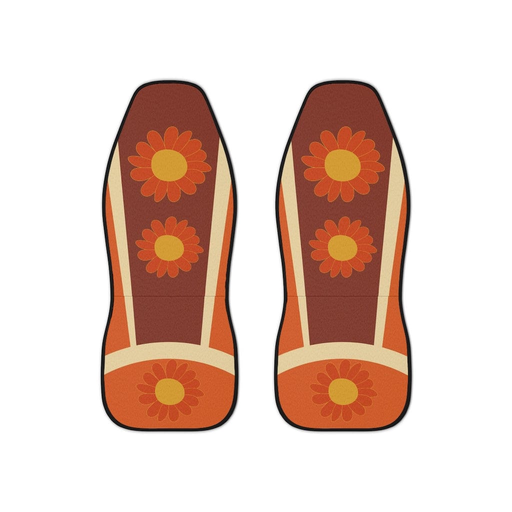 Retro 60's 70's, Mod Boho Flower, Brown, Orange, Yellow, MCM Groovy Sunburst, Mid Century Modern Car Seat Covers All Over Prints 48.03" × 18.50" / Black