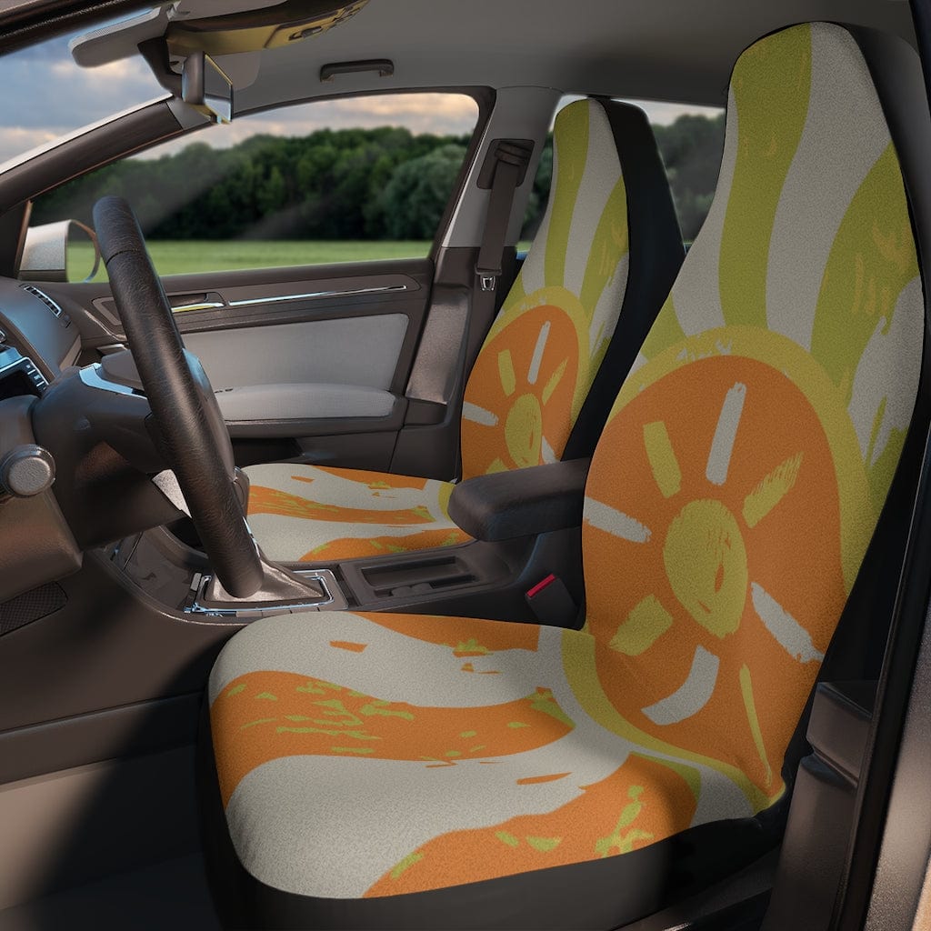 Retro Car Seat Covers, Groovy Green, Orange, Sunburst, 70's Swirl, Trippy Hippie Car Accessories All Over Prints 48.03" × 18.50" / Black