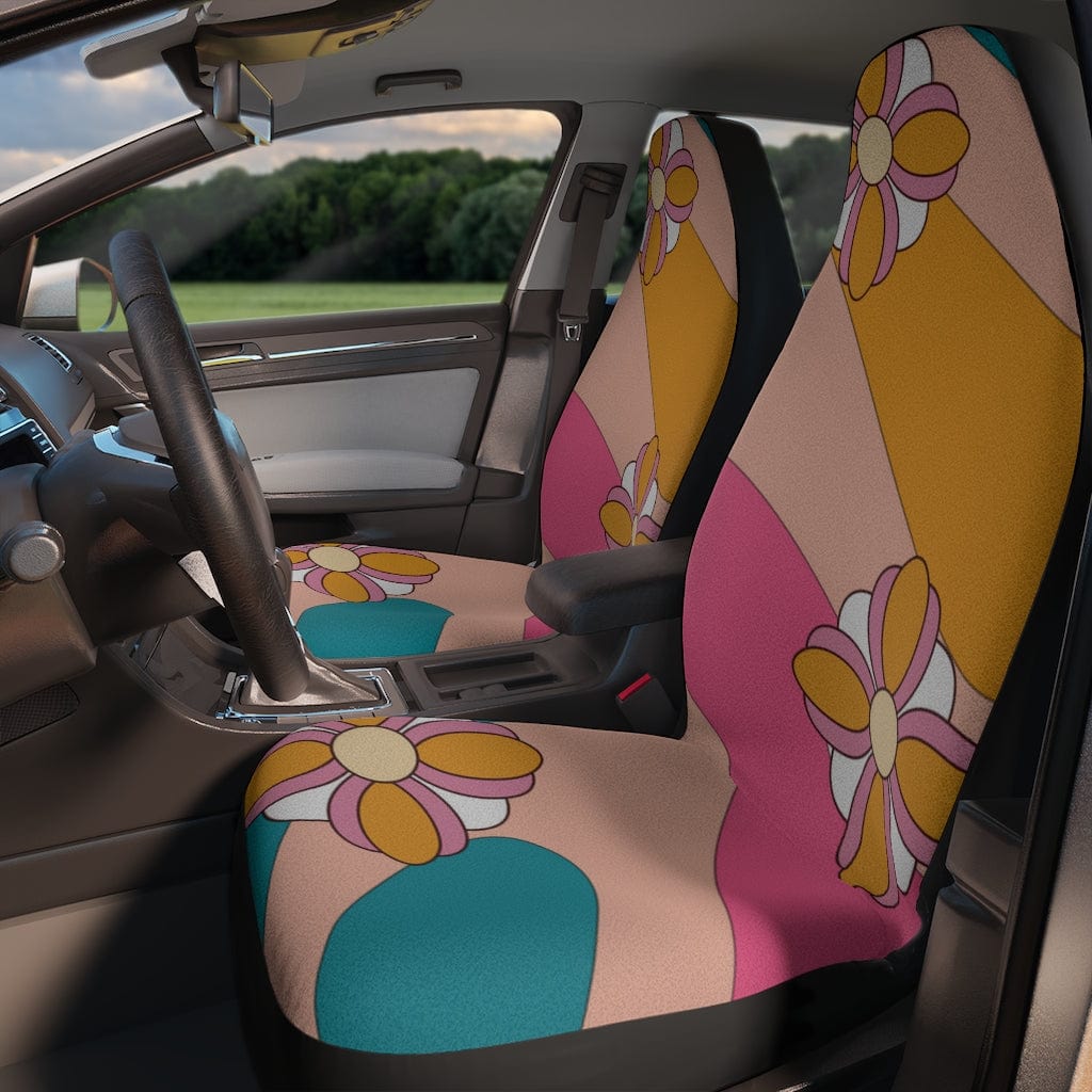 Retro Pink, 70's Flower Power, Teal, Yellow Groovy, Mid Mod, MCM Hipster, Hippie Car Seat Covers All Over Prints 48.03" × 18.50" / Black