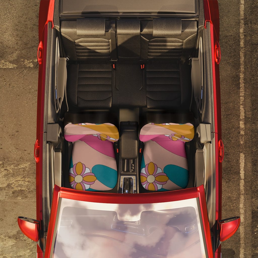 Retro Pink, 70's Flower Power, Teal, Yellow Groovy, Mid Mod, MCM Hipster, Hippie Car Seat Covers All Over Prints 48.03" × 18.50" / Black