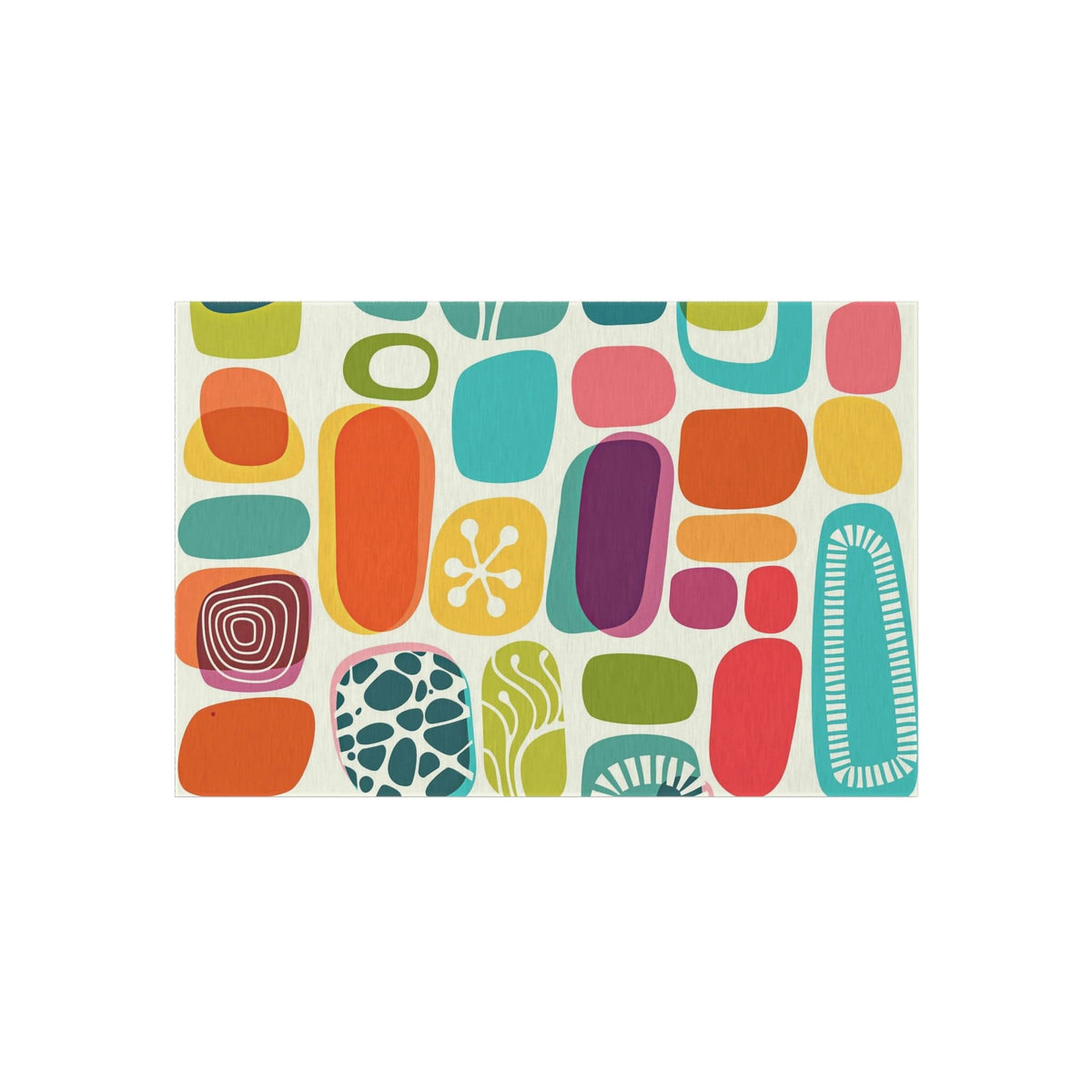 Mid Century Modern, Abstract, Geometric Mod Amoeba, Retro, Indoor Polyester, Orange, Purple, Aqua, Mustard Yellow Outdoor Rug Home Decor 48" × 72"