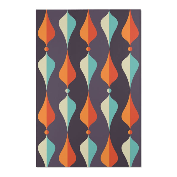Mid Century Modern Area Rug, Geometric Groovy Wave Lanterns, Eggplant Purple, Orange, Mustard Yellow, Teal, Retro Home Mod Home Decor