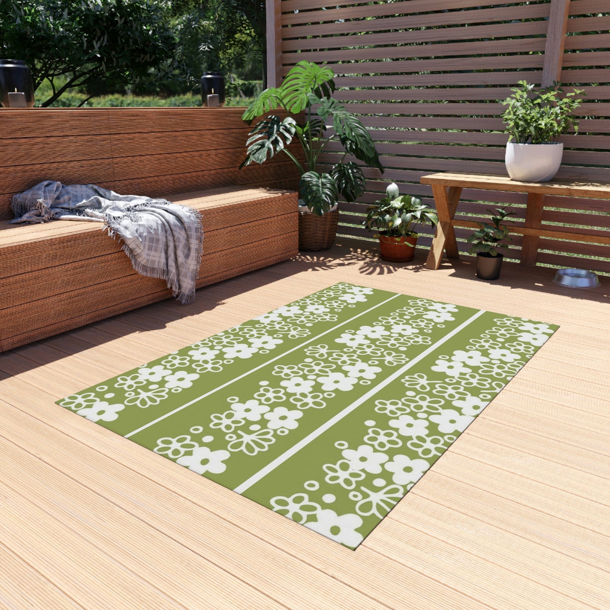Mid Mod, Blossom Daisy, Retro Green, White, Indoor/Outdoor Large Area ...