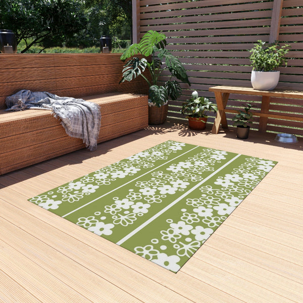 Mid Mod, Blossom Daisy, Retro Green, White, Indoor/Outdoor Large Area Rug