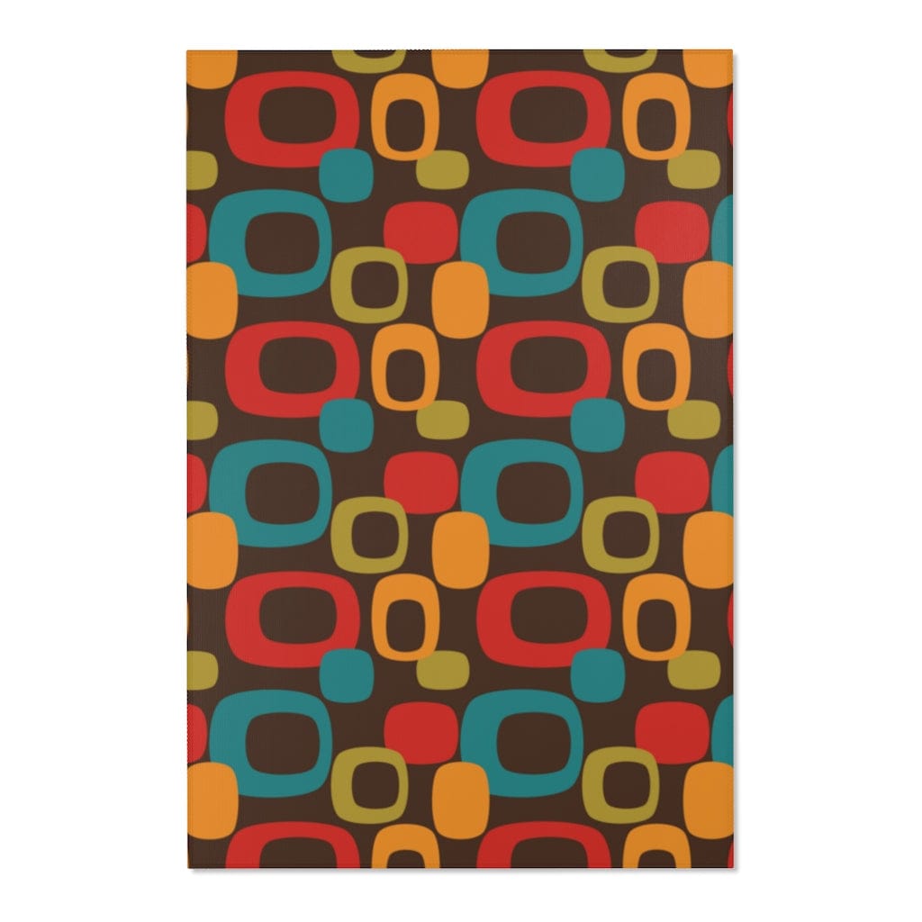 Retro Chocolate Brown Geometric Groovy Teal Blue, Green, Yellow, Burnt Orange, Mid Century Modern Area Rugs Home Decor 48" × 72"