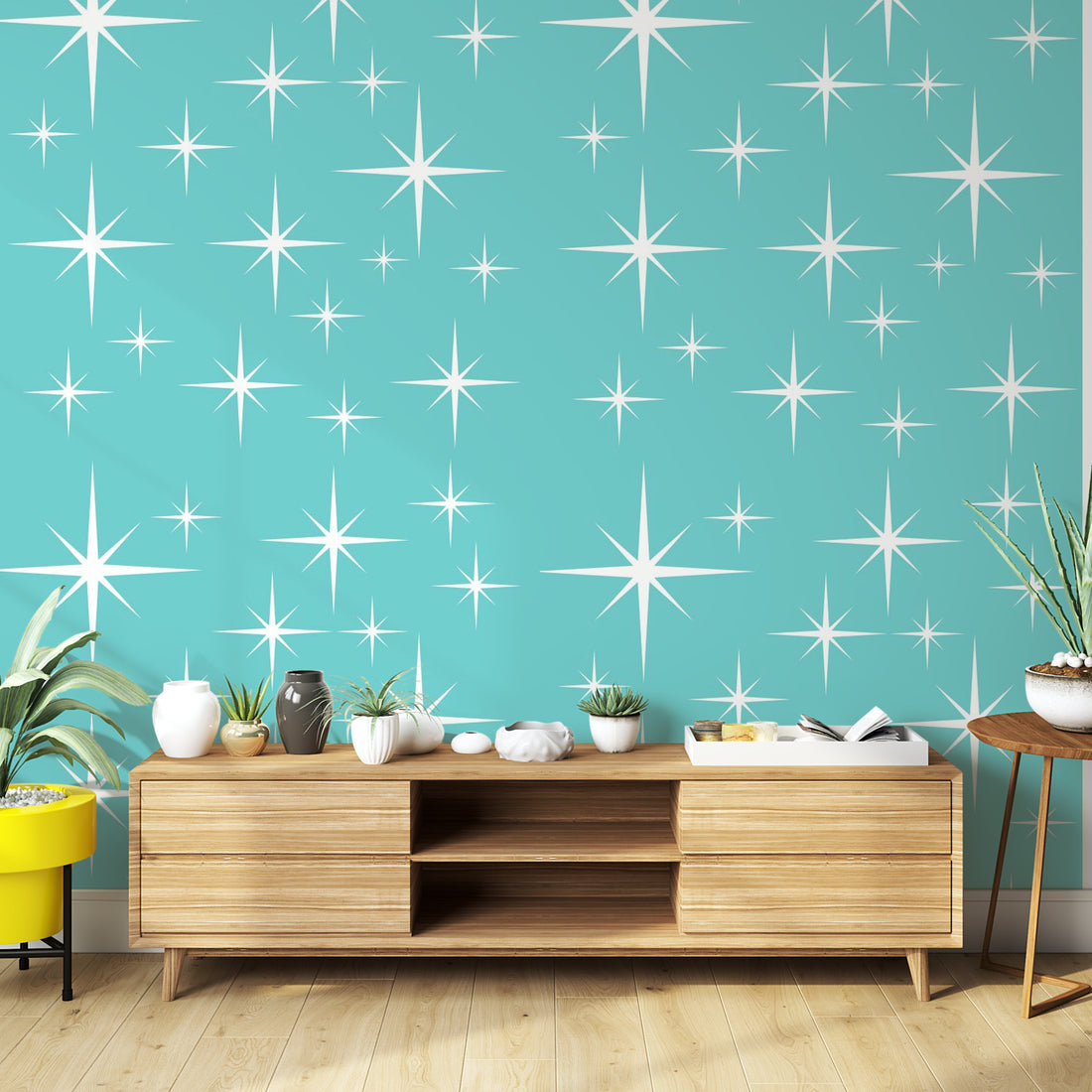 Mid Century Modern Wallpaper In Aqua And White Starbursts, Removeable, Peel And Stick Wall Murals