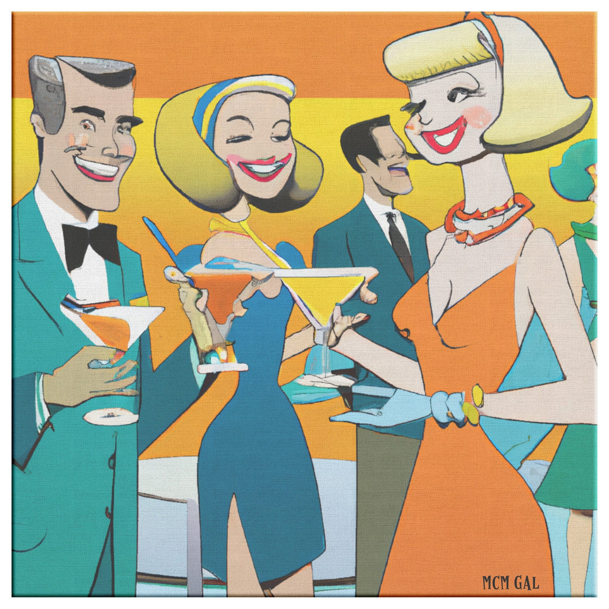 50's Cocktail Party, Mid Mod Retro Party, Original Art, Party Scene Wall Art