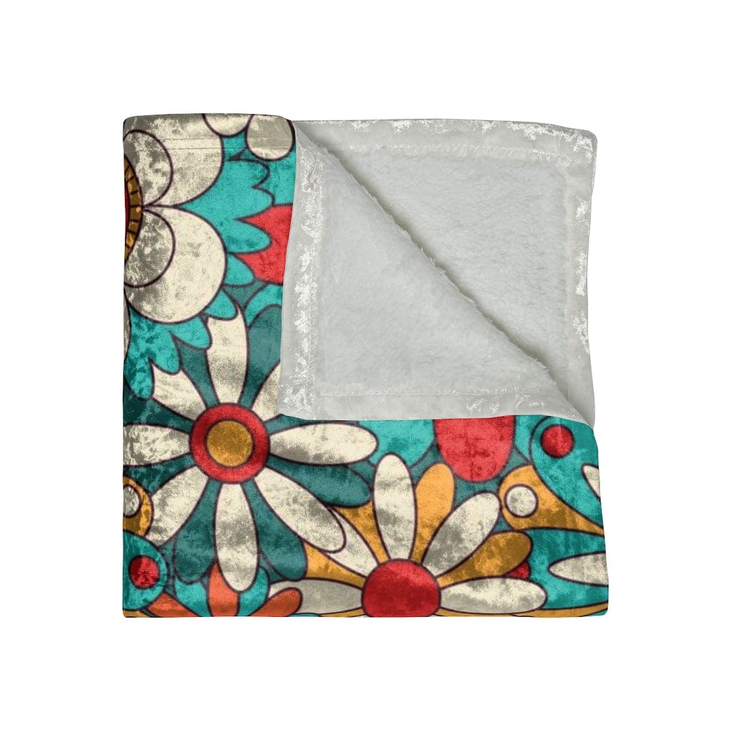 70's Flower Power, Teal, Coral Red,Yellow, Groovy Vibes, Retro Crushed Velvet Blanket Mid Mod Home Decor Home Decor 50" × 60"