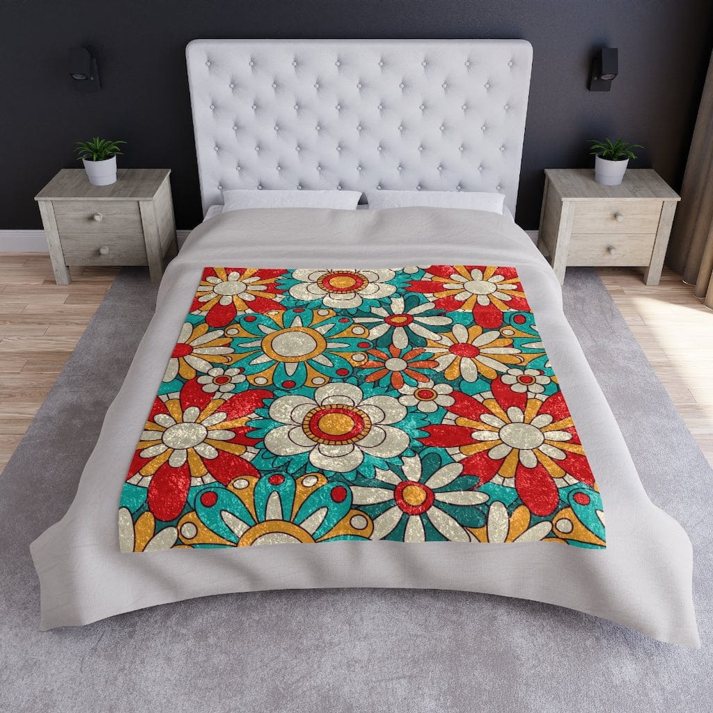 70's Flower Power, Teal, Coral Red,Yellow, Groovy Vibes, Retro Crushed Velvet Blanket Mid Mod Home Decor Home Decor 50" × 60"