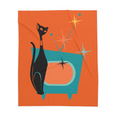 Atomic Cat, Mid Century Modern, Bold Orange, Sputnik Diamonds, Retro TV Kitschy MOD Sherpa Blanket Home Decor 50" × 60"