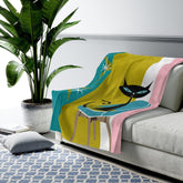 Atomic Cat Retro Mid Century Mod Teal, Green, Pink, White Velveteen Cozy Thin Blanket Throw Home Decor 50" × 60"