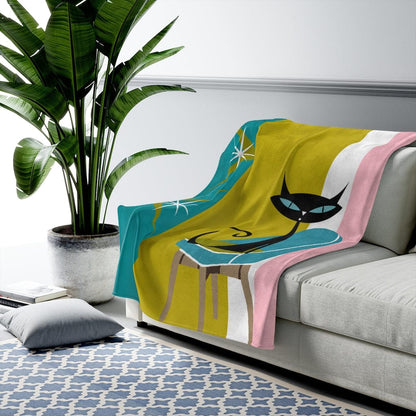 Atomic Cat Retro Mid Century Mod Teal, Green, Pink, White Velveteen Cozy Thin Blanket Throw Home Decor 50&quot; × 60&quot;