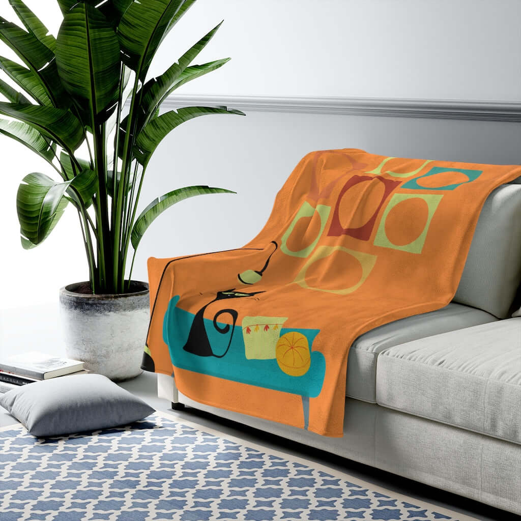 Mid Century Atomic Cat On Couch Geometric Design Orange THIN Velveteen Blanket All Over Prints 50&quot; × 60&quot;
