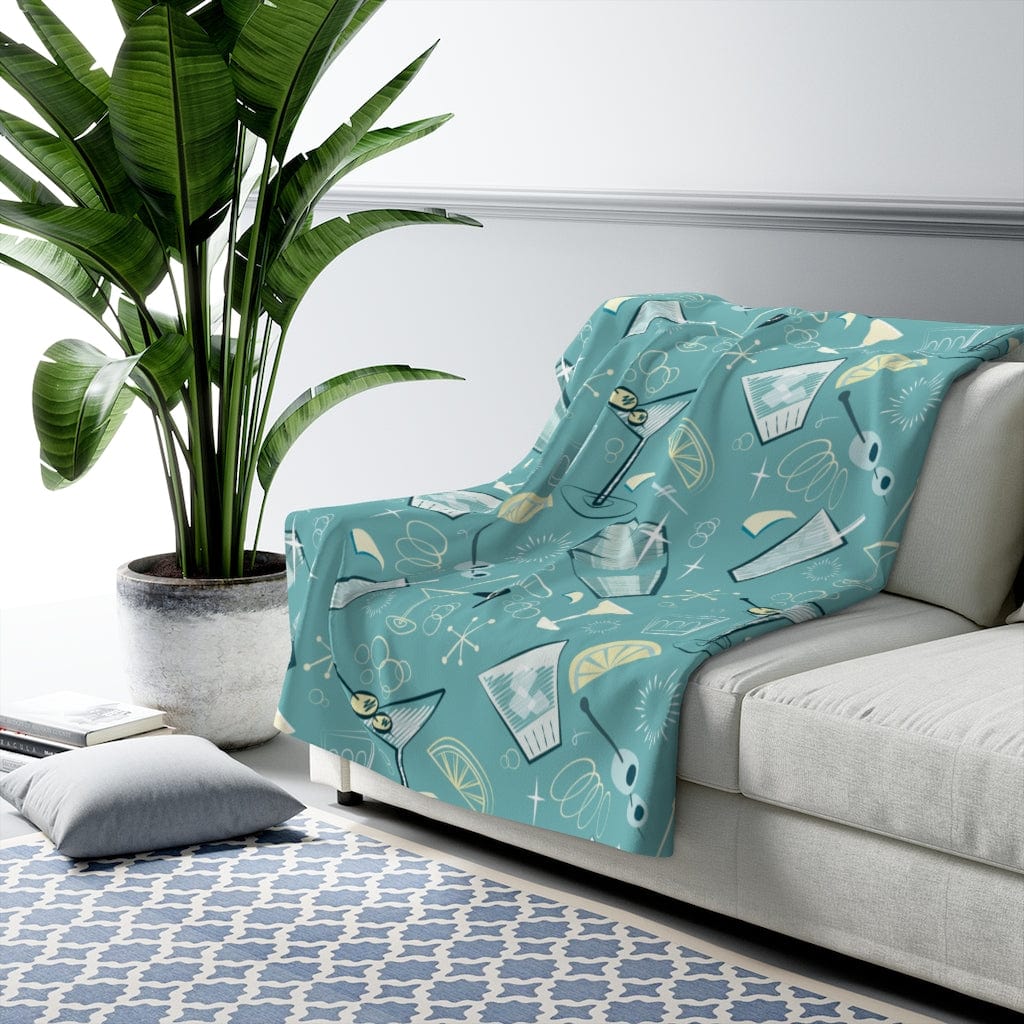 Mid Century Modern, Atomic 1950's Retro Martini Cocktail Aqua Blue Sherpa Fleece Blanket Home Decor 50" × 60"