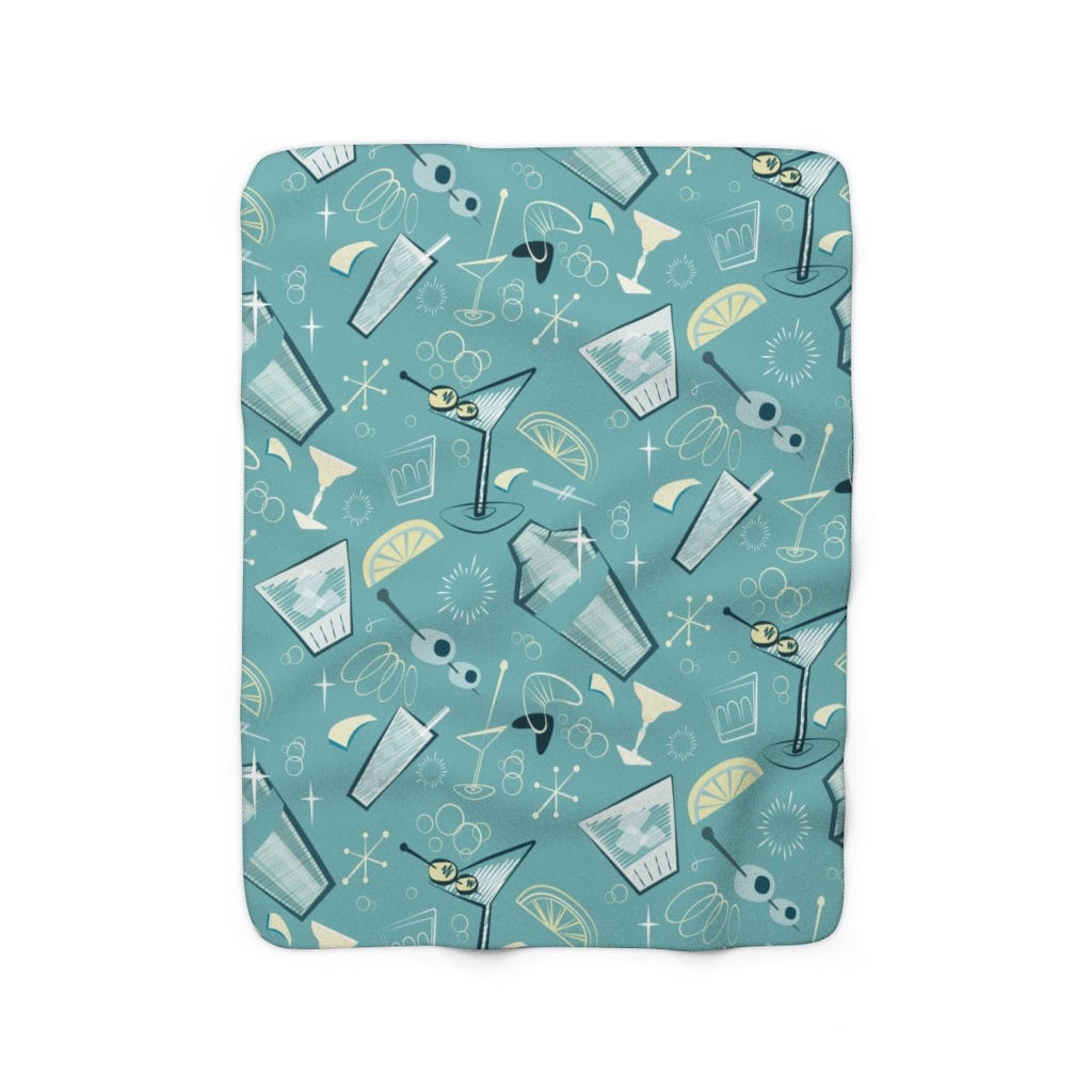 Mid Century Modern, Atomic 1950's Retro Martini Cocktail Aqua Blue Sherpa Fleece Blanket Home Decor 50" × 60"