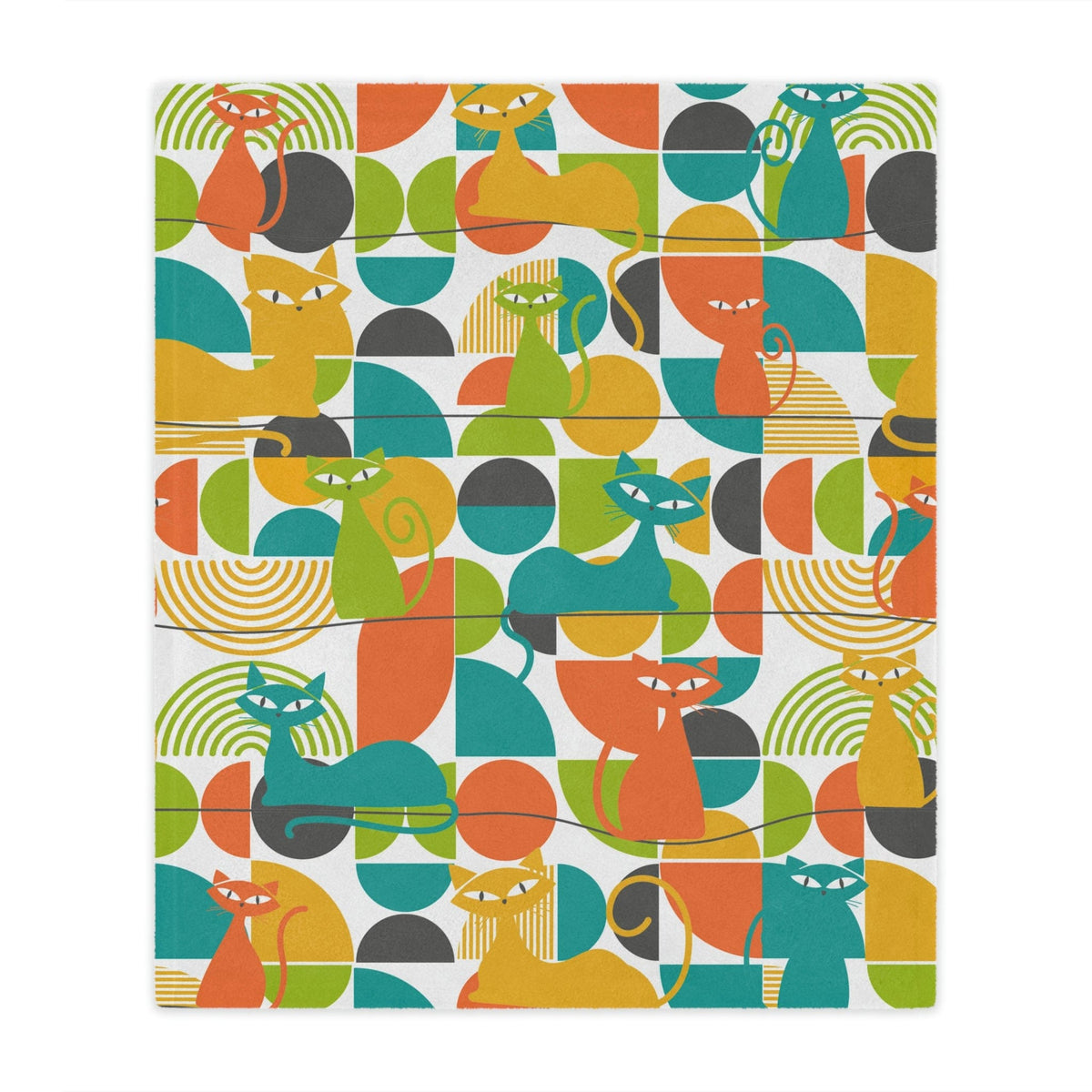 Mid Century Modern Blanket, Atomic Kitties, Geometric, Bold, Colorful, Orange, Teal, Yellow, Funky Fun, Kitsch Retro Bedroom, Office, Minky Blanket Home Decor 50" × 60"