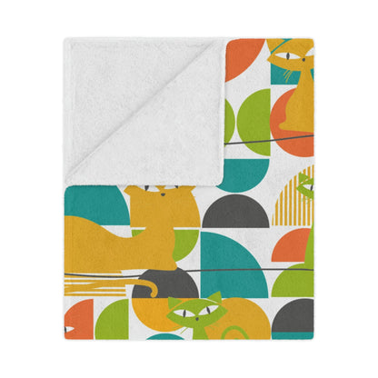 Mid Century Modern Blanket, Atomic Kitties, Geometric, Bold, Colorful, Orange, Teal, Yellow, Funky Fun, Kitsch Retro Bedroom, Office, Minky Blanket Home Decor 50&quot; × 60&quot;