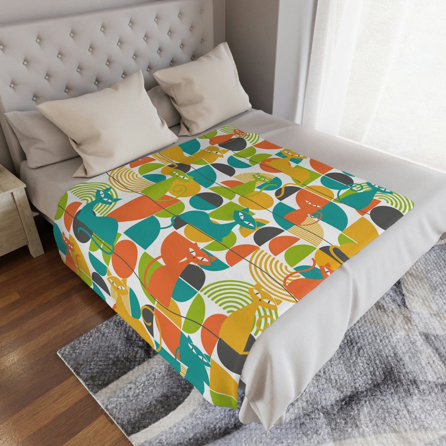 Mid Century Modern Blanket, Atomic Kitties, Geometric, Bold, Colorful, Orange, Teal, Yellow, Funky Fun, Kitsch Retro Bedroom, Office, Minky Blanket Home Decor 50&quot; × 60&quot;
