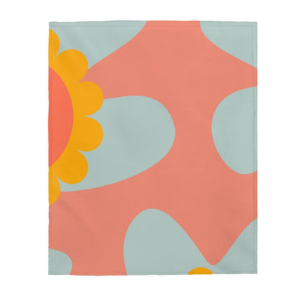 Mid Mod, Flower Power, Abstract Coral, Blue THIN MCM Velveteen Plush Blanket All Over Prints 50&quot; × 60&quot;