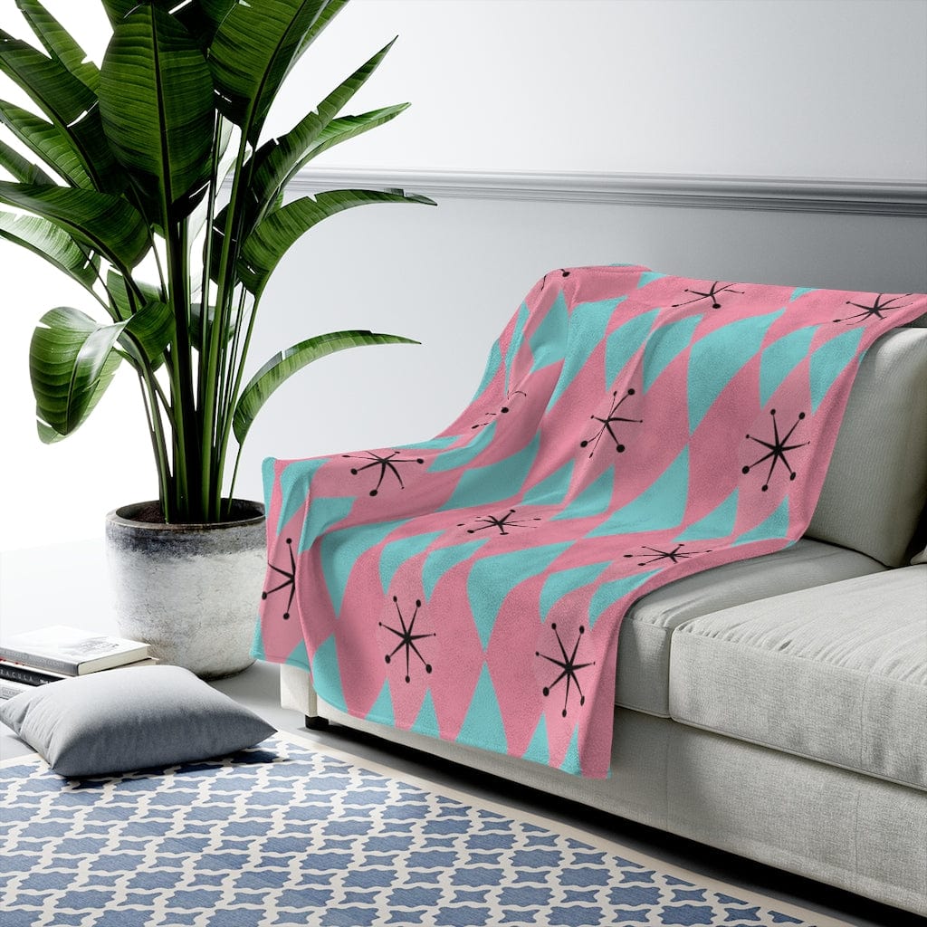 Mid Mod, MCM Mid Century Modern, Retro Blanket Turquoise Blue, Pretty Pink, Atomic 50s, Harlequin Diamonds Velveteen THIN Plush Blanket All Over Prints 50" × 60"