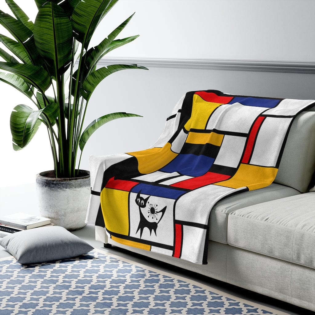 Mondrian Home Décor,  Retro, Atomic Cat, Mod, THIN Velveteen Plush Blanket 50&quot; × 60&quot;