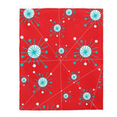 Retro Blanket Atomic Astro Star Burst Aqua Blue, White Mid Century Modern Red THIN Velveteen Plush Blanket All Over Prints 50" × 60"
