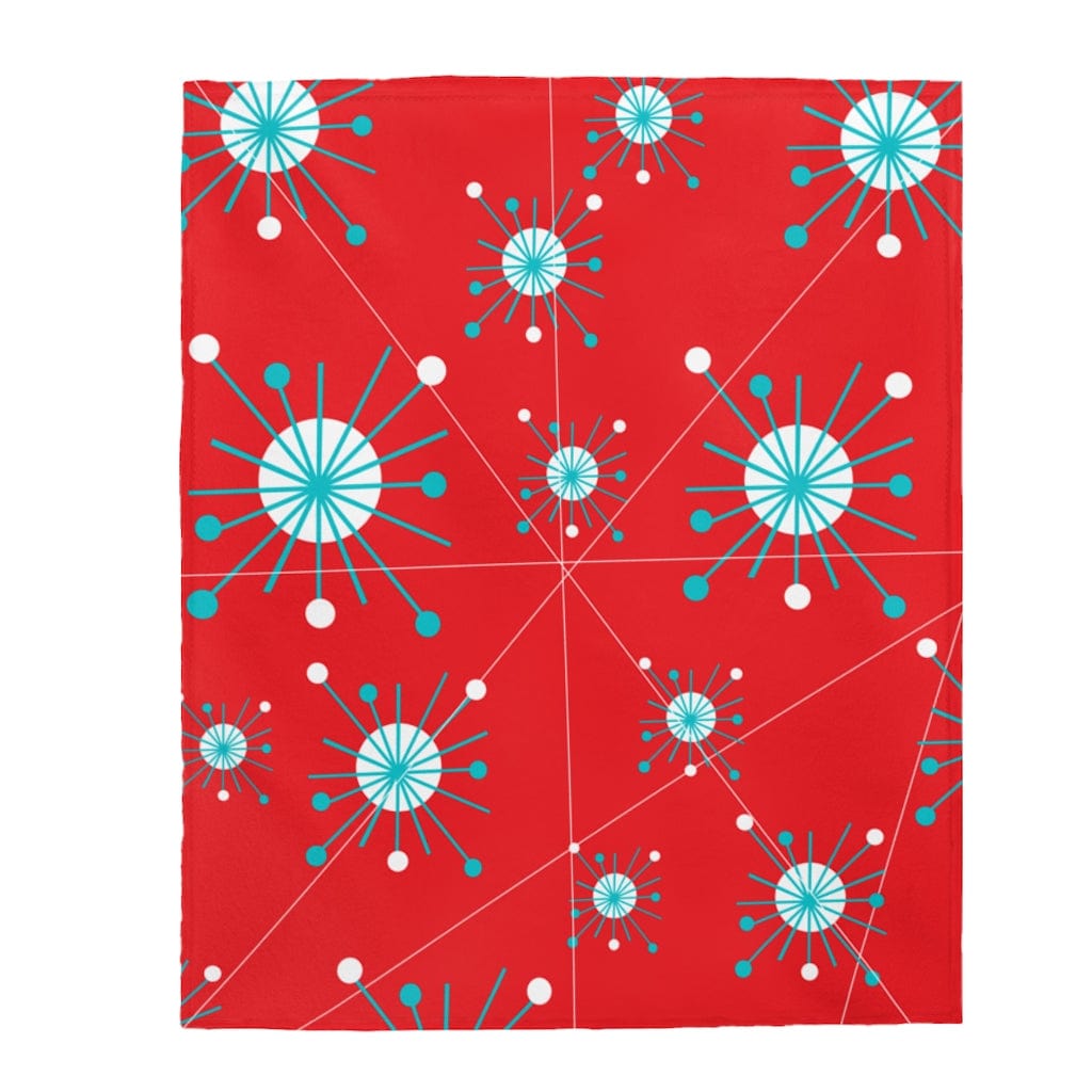 Retro Blanket Atomic Astro Star Burst Aqua Blue, White Mid Century Modern Red THIN Velveteen Plush Blanket All Over Prints 50&quot; × 60&quot;