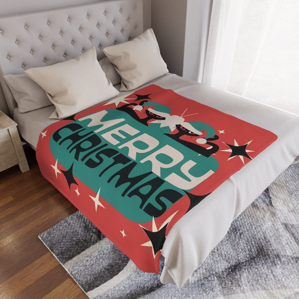 Retro Christmas, Atomic Cat, Mid Century Modern, Red, Green, Starburst, Minky Blanket Gift Home Decor 50&quot; × 60&quot;