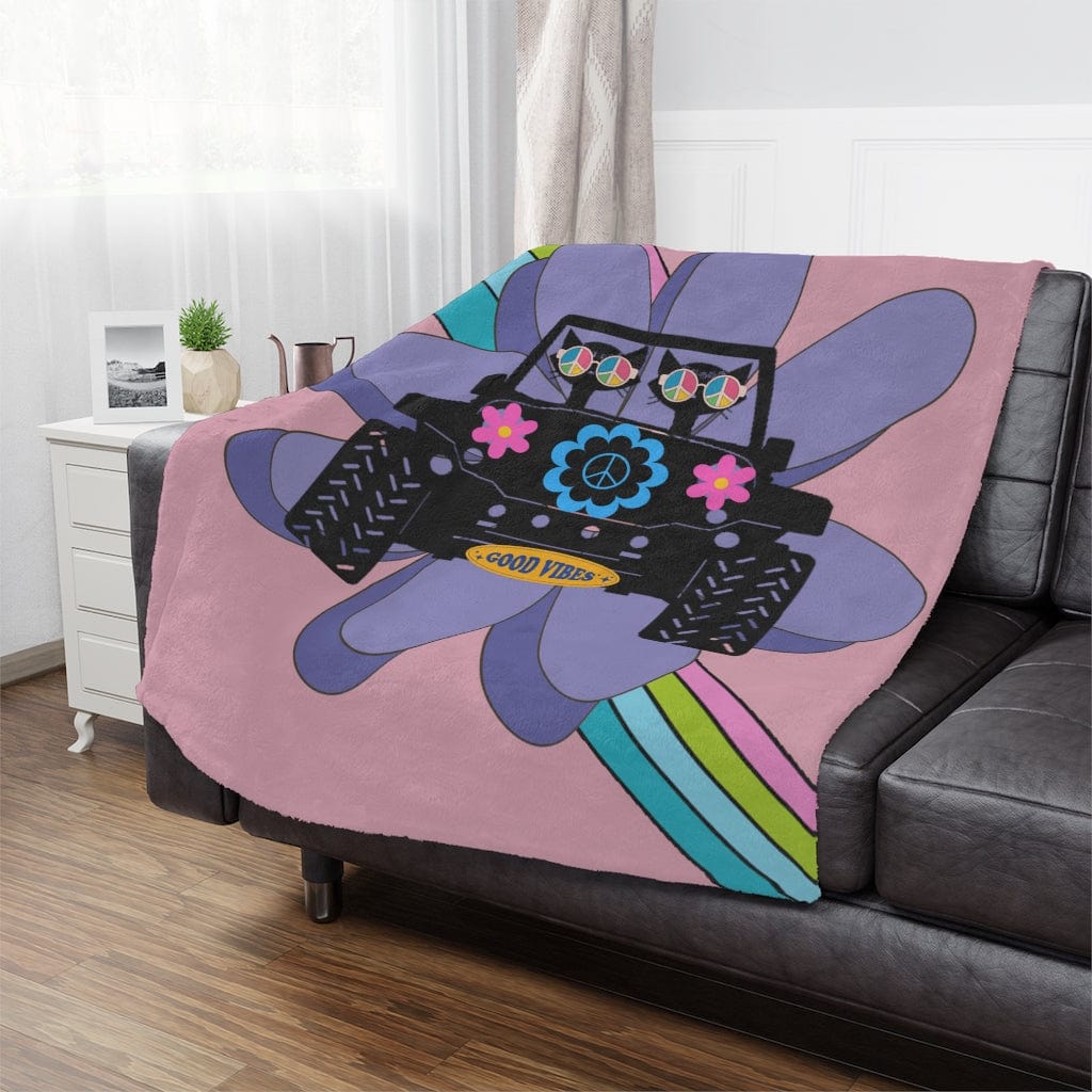 Retro Off Roading, Mid Mod Black Cats, Hippie, Hipster, Pink, Mod Minky Blanket Home Decor 50&quot; × 60&quot;