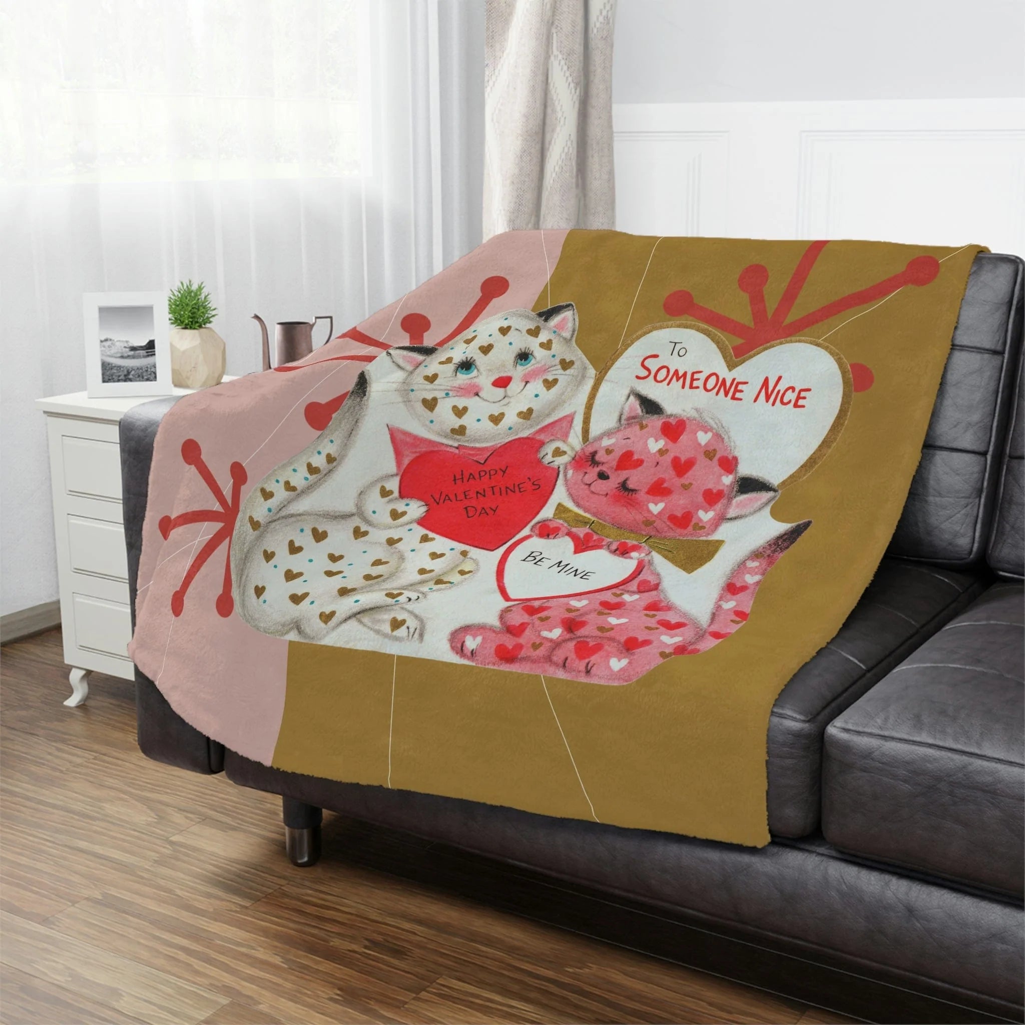 Vintage Valentine Card, Hello Kitten, Kitschy Valentine Gift For Her  Velveteen Minky Blanket