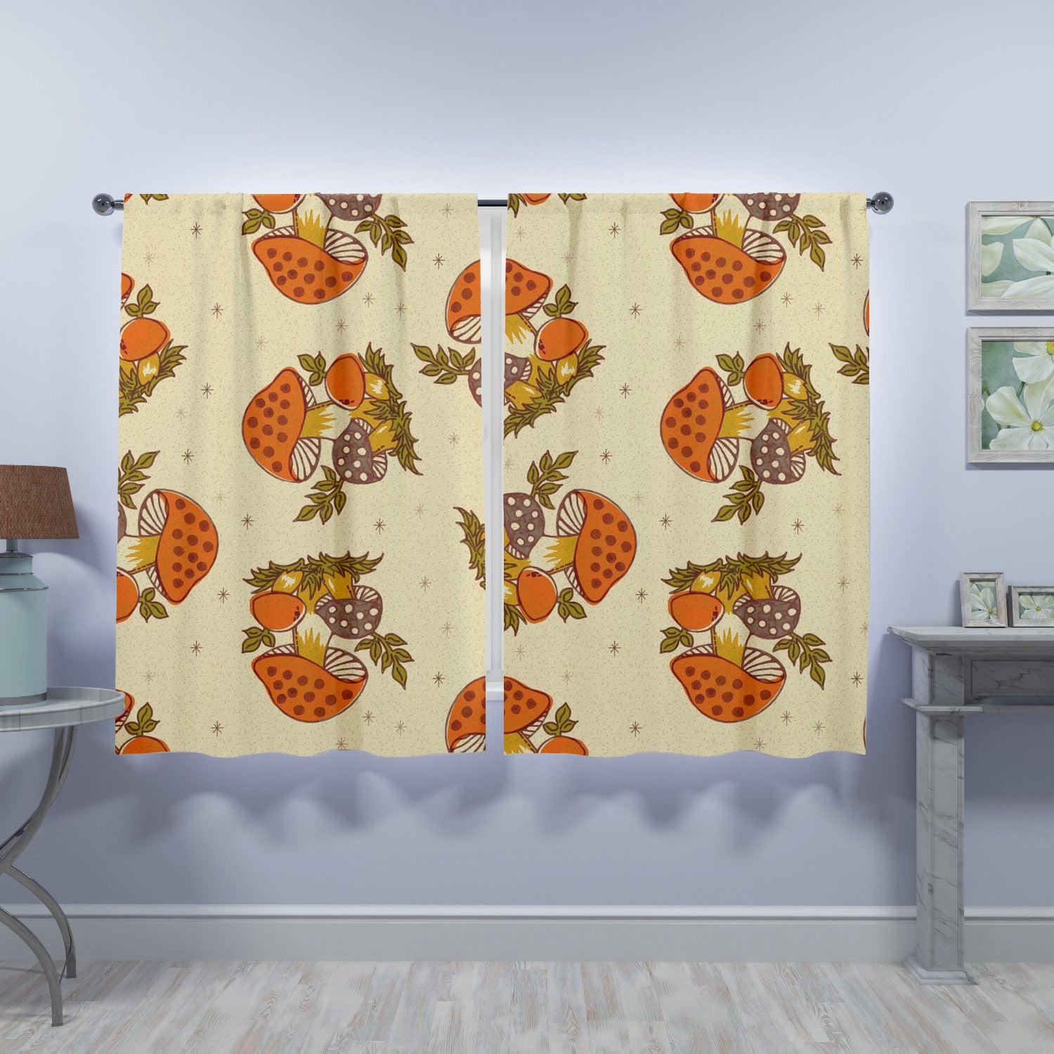 1970s Vintage Mushroom Pattern, Groovy Retro Mid Mod Window Curtains (two panels)