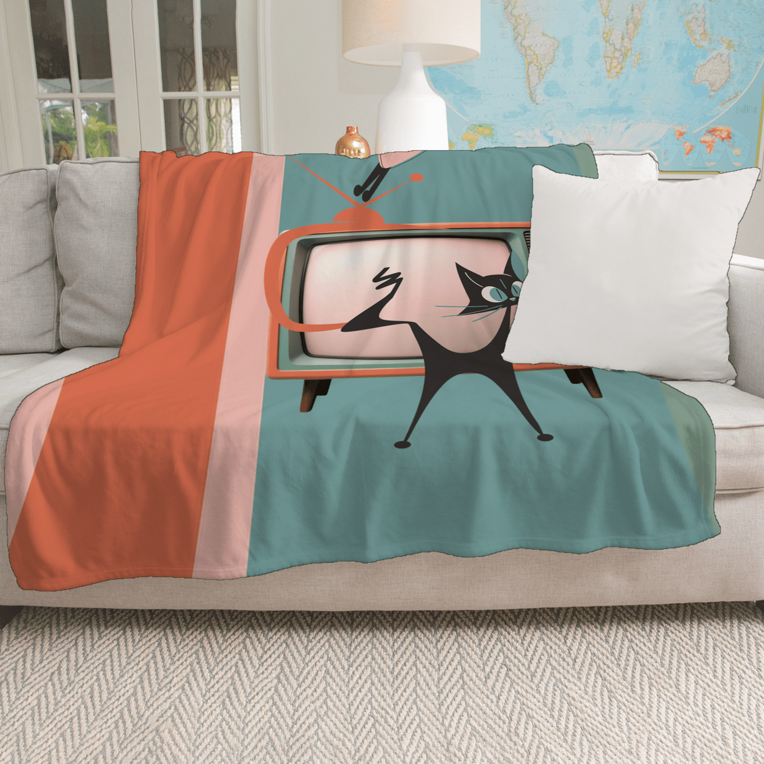 Atomic Cat TV Room, Snuggly Cozy Kitschy 50s Mid Century Modren 50s TV,Minky Blanket