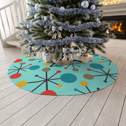 Mid Century Modern Christmas Tree Skirt, Aqua Blue, Atomic Starbursts, Geometric, Retro Christmas Holiday Tree Decor Home Decor 57&