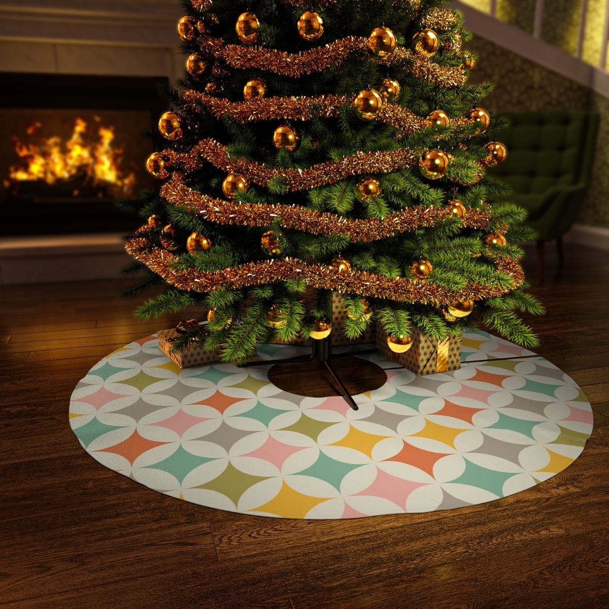 Retro Tree Skirt, Mid Century Modern Christmas, Geometric Diamonds, Holiday Decor Round Tree Skirt Home Decor 57&