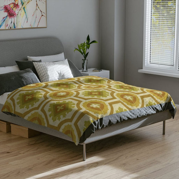 60's 70's Avocado, Verde Green, Golden Yellow,  Retro, Nostalgic Linoleum Tile Velveteen Minky Blanket