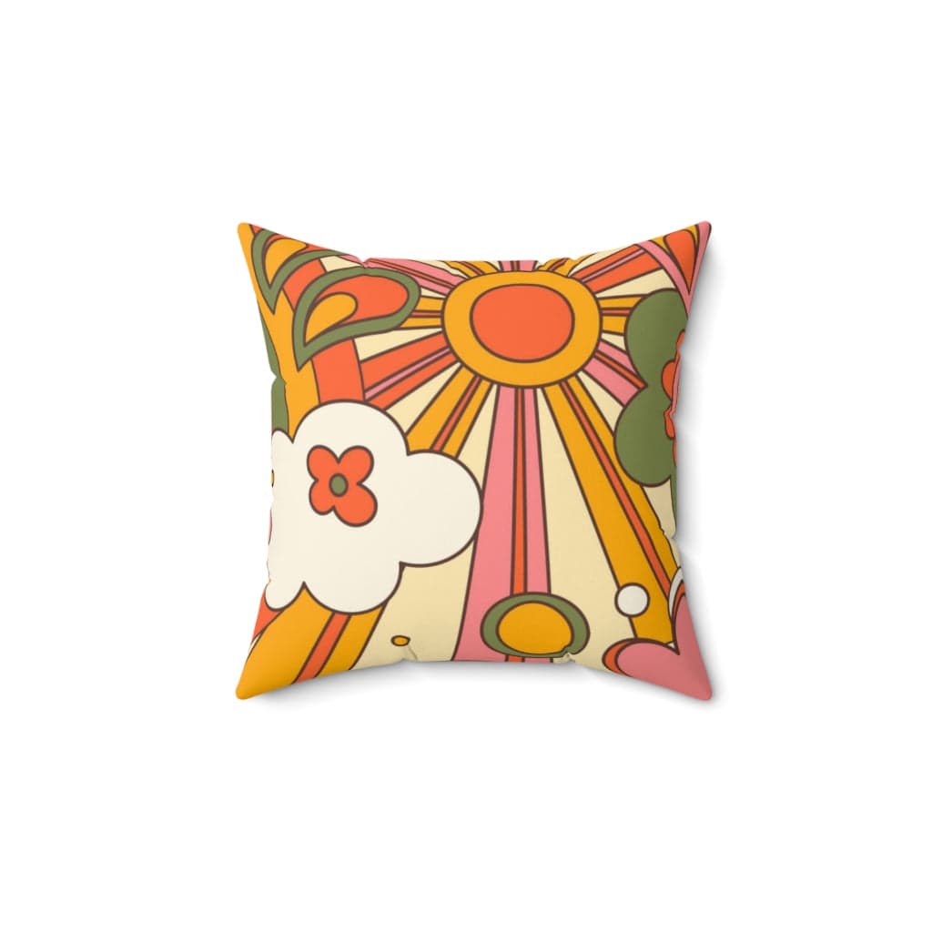 60's 70's Groovy Sun, Flower Power, Hippie, Groovy Vibes, Orange, Yellow, Green Spun Polyester Square Pillow Home Decor