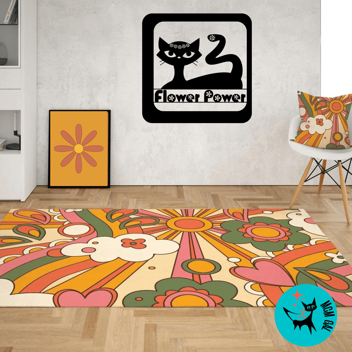 60's 70's Groovy Sun, Flower Power, Hippie, Groovy Vibes, Orange, Yellow, Green Spun Polyester Square Pillow Home Decor