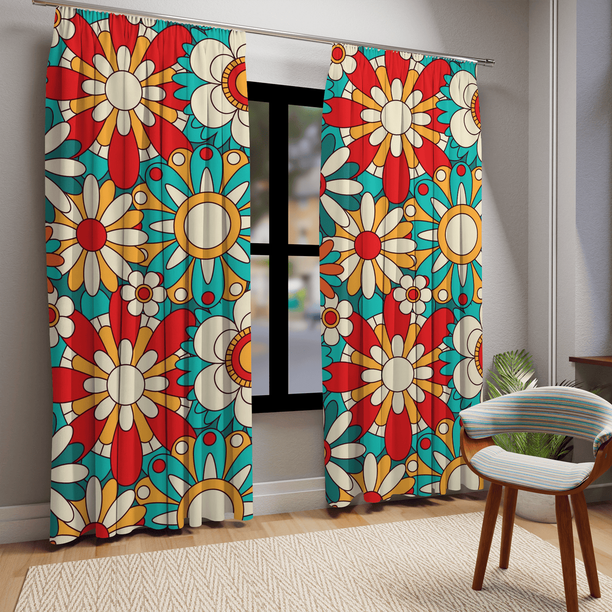 60'S 70'S Retro Floral, Teal, Aqua, Coral, Orange Groovy Hippie Custom Curtains