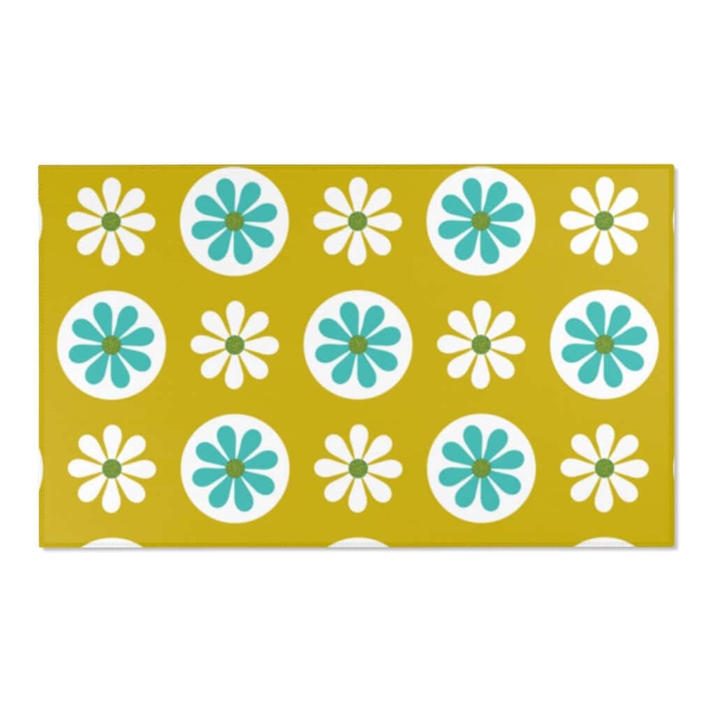 70's Mod Daisy Retro Floral White, Turquoise Blue, Lime Green Mid Century Area Rugs Home Decor 60" × 36"