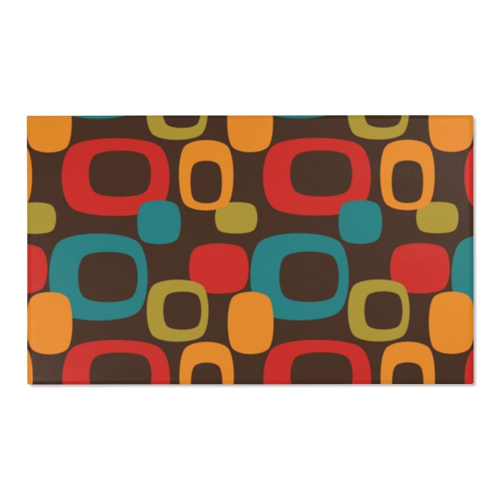Retro Chocolate Brown Geometric Groovy Teal Blue, Green, Yellow, Burnt Orange, Mid Century Modern Area Rugs Home Decor 60" × 36"
