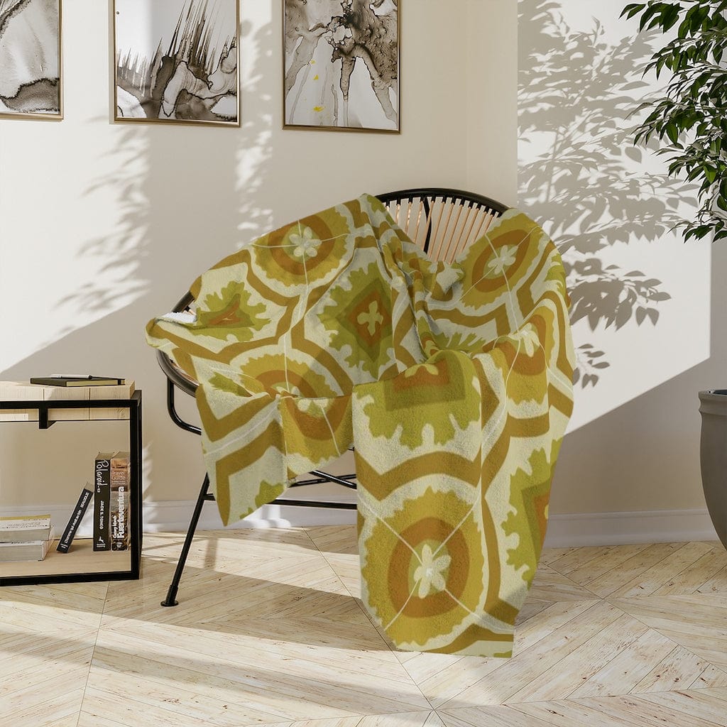60's 70's Avocado, Verde Green, Golden Yellow,  Retro, Nostalgic Linoleum Tile Velveteen Minky Blanket Home Decor 60" × 50"