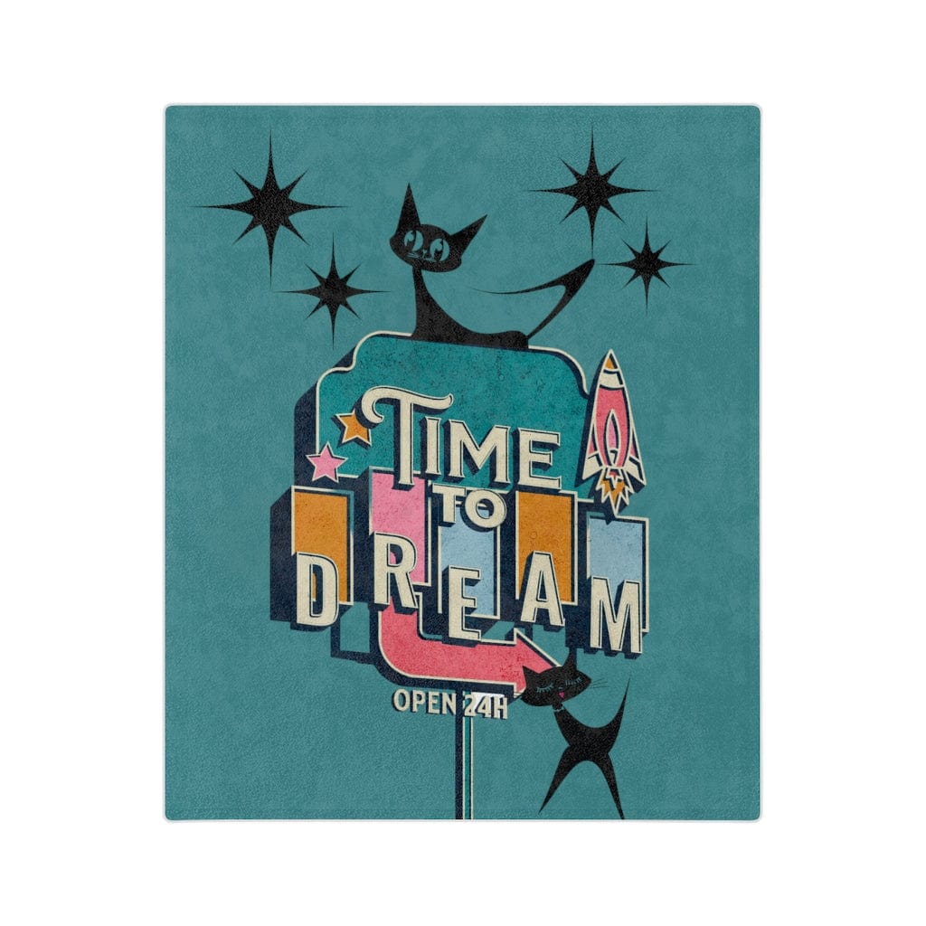 Atomic Kitty, Retro Time To Dream, Mid Mod Retro, Mid Century Modern, Turquoise, Pink, Starburst MCM Minky Velveteen Blanket Home Decor 60&quot; × 50&quot;
