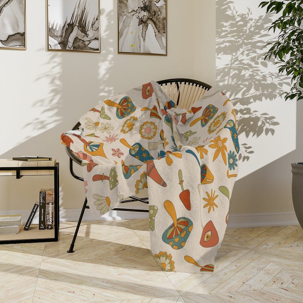 Groovy 60's 70's Retro Mushroom, Beige, Orange, Green, Funky Fun Velveteen Minky Blanket Home Decor 60" × 50"