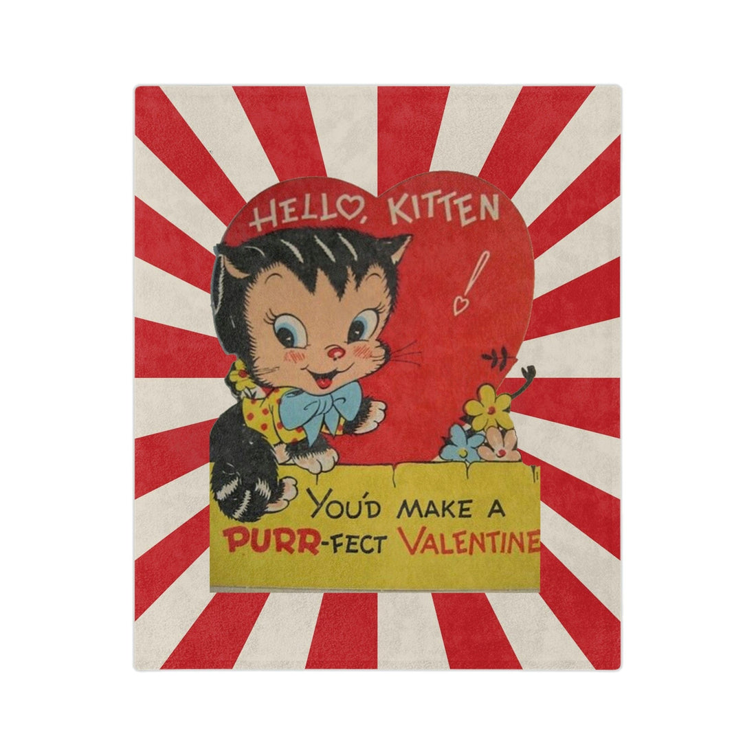 Vintage Valentine Card, Hello Kitten, Kitschy Valentine Gift For Her Velveteen Minky Blanket Home Decor 60&quot; × 50&quot;