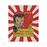 Vintage Valentine Card, Hello Kitten, Kitschy Valentine Gift For Her Velveteen Minky Blanket Home Decor 60" × 50"