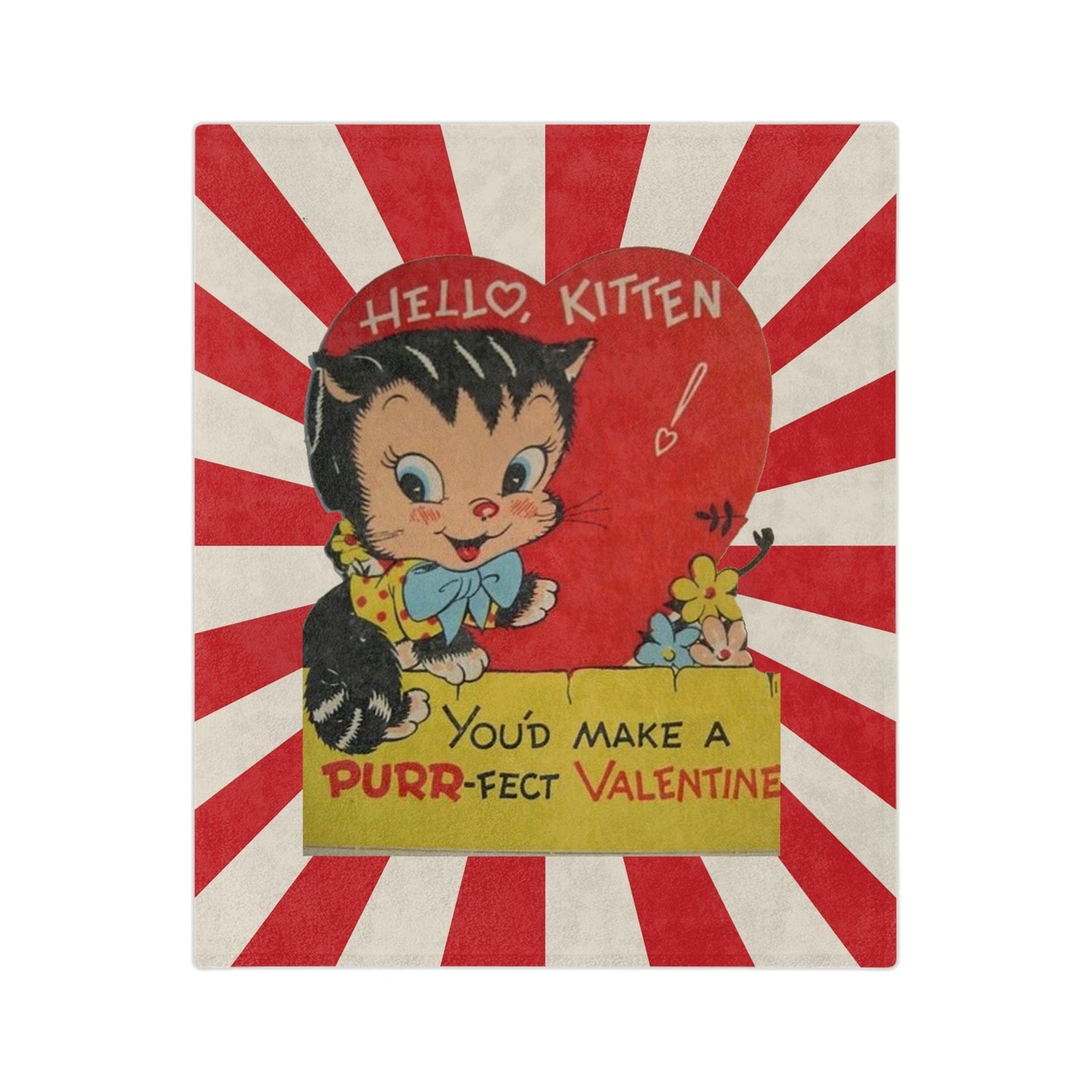 Vintage Valentine Card, Hello Kitten, Kitschy Valentine Gift For Her  Velveteen Minky Blanket