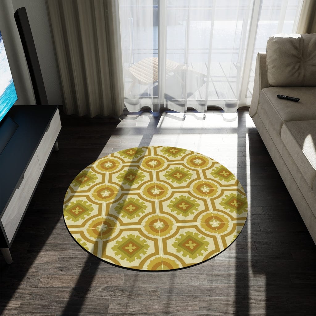 60's 70's Avocado, Verde Green, Golden 2024 Yellow, Retro, Nostalgic Linoleum Tile Kitchen, Living Room, Office, Round Rug